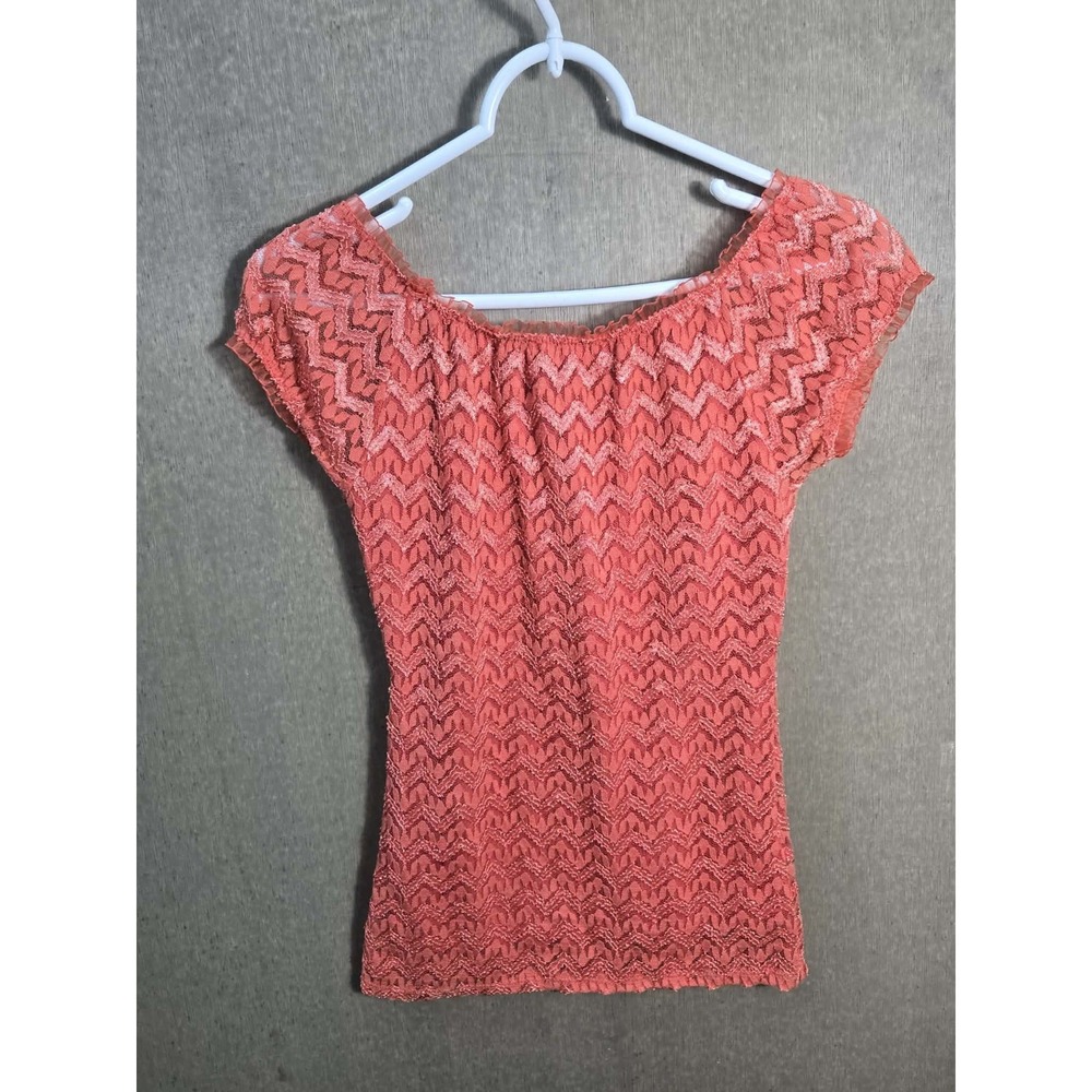 Womens Coral Lace Off Shoulder Top Blouse Boho Stretch Short Sleeve Small